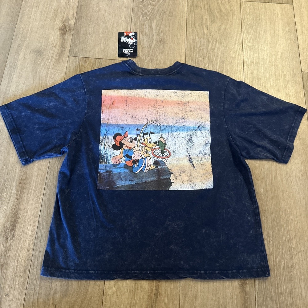 Disney Mickey And Pluto Fishing T-Shirt Pebble Blue Front & Back Graphics XLarge - Picture 4 of 8